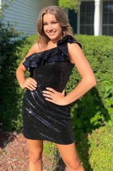 Black Homecoming Dress Sequin One Shoulder Prom Dress
